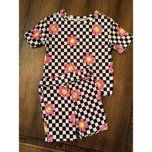 Checkered Smiley Face Girls Small Shirt and Biker Short Set